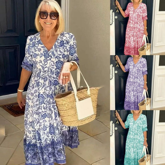 👗✨【S-3XL】Sukienka z dekoltem w serek i niebieskim kwiatowym nadrukiem