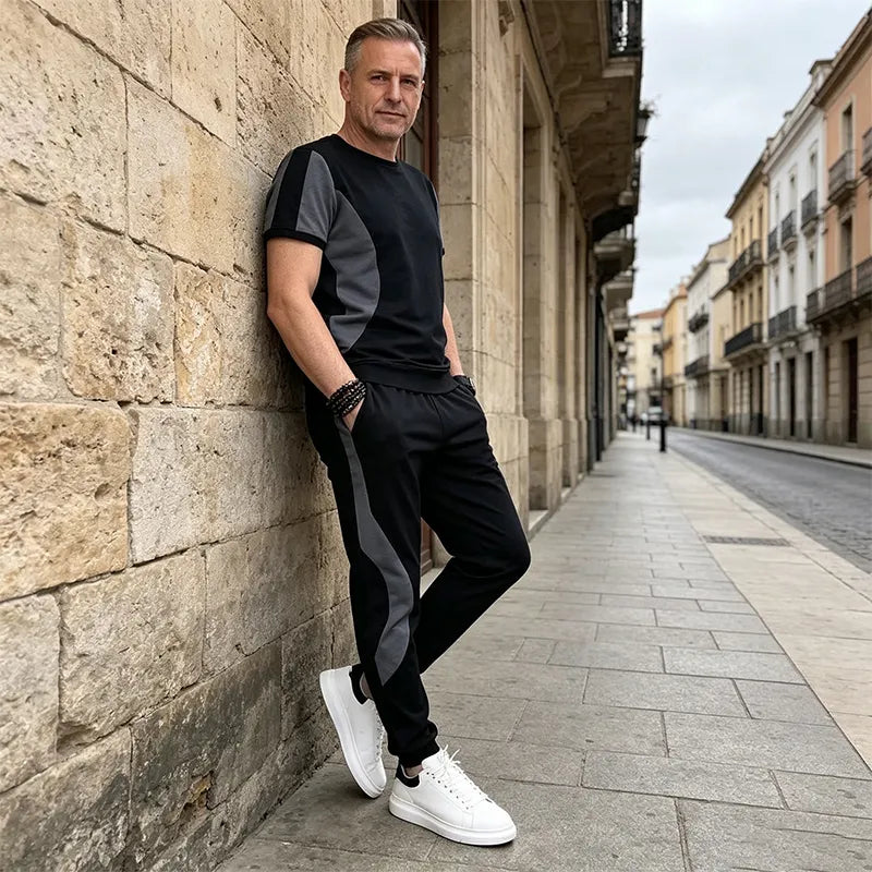 Conjunto deportivo de alta calidad para hombre, confeccionado con tejido altamente elástico y transpirable para una comodidad máxima.