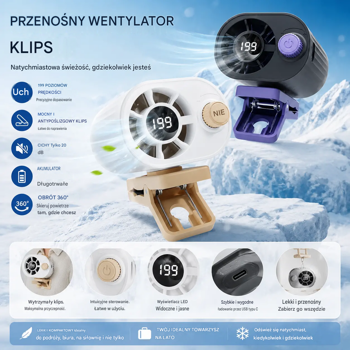🌀 Wentylator bez użycia rąk z wyświetlaczem LED, wbudowanym klipsem i 199 poziomami regulacji