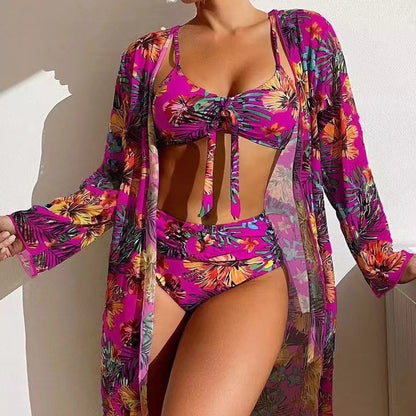 👙☀️【Pago contra entrega】💥【40-90 kg】Nuevo y elegante conjunto de traje de baño, incluye una chaqueta ligera con protección solar. (Conjunto de 3 piezas)