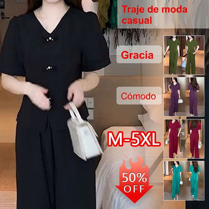 🌸【M-5XL】🔥【Camiseta + Pantalones Anchos】Conjunto de moda en seda de hielo 2026