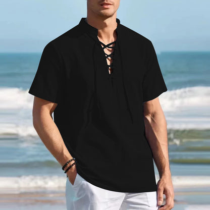 👔 50% de descuento 🔥 Camisa Henley de algodón y lino para hombre, talla grande, con cuello en V y lazos ✅️ Pago contra entrega