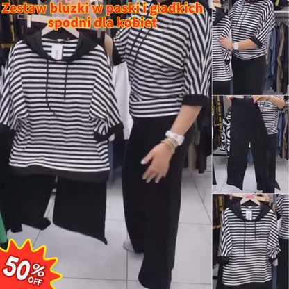 👍👍 Wyprzedaż 💥 Zestaw damski: top w paski i gładkie spodnie