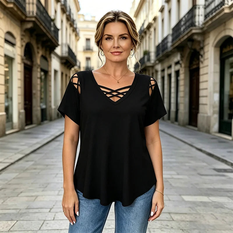 👚【Novedad 2026, oferta por tiempo limitado】 Camiseta de algodón con cuello en V, diseño cruzado y aberturas, moderna y transpirable