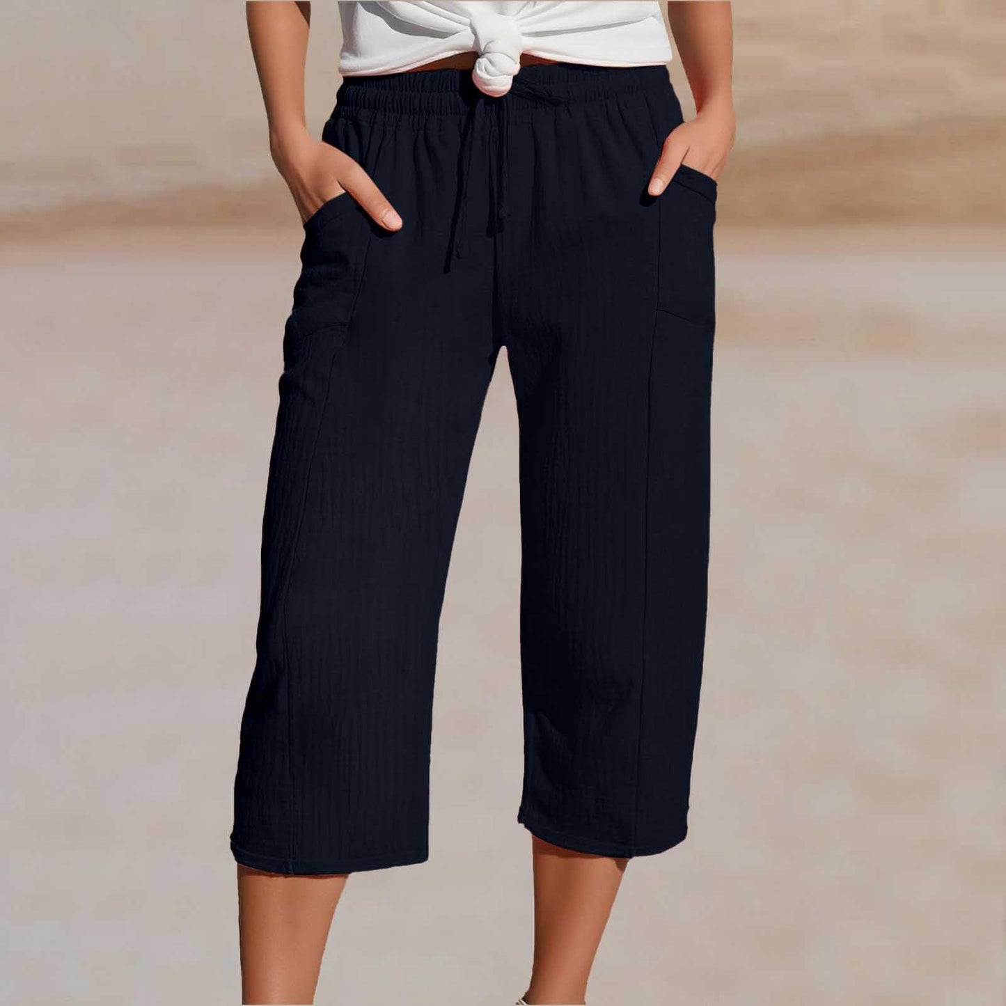 🔥✨【50% zniżki】Nowe letnie damskie spodnie capri z plisami, wykonane z bawełny i lnu, w jednolitym kolorze