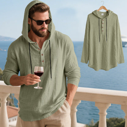 👔50% de descuento🏆【40-100kg】Camisa Henley de manga larga con capucha, transpirable y de lino para hombre, de corte holgado, ideal para la playa.✅Pago contra entrega