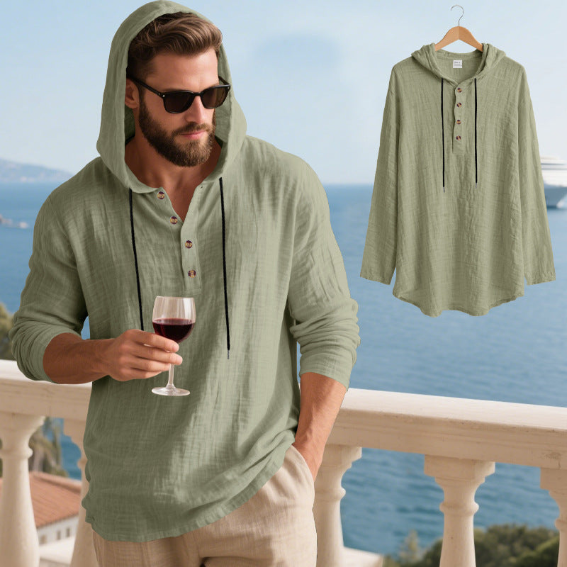👔50% de descuento🏆【40-100kg】Camisa Henley de manga larga con capucha, transpirable y de lino para hombre, de corte holgado, ideal para la playa.✅Pago contra entrega
