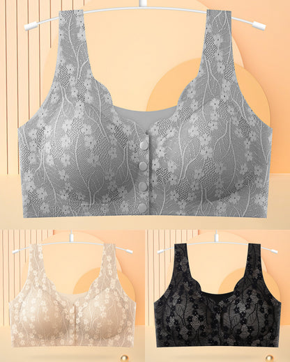 😍✨【3 sztuk】【40-100KG】Damski, bezprzewodowy, koronkowy biustonosz zapinany z przodu