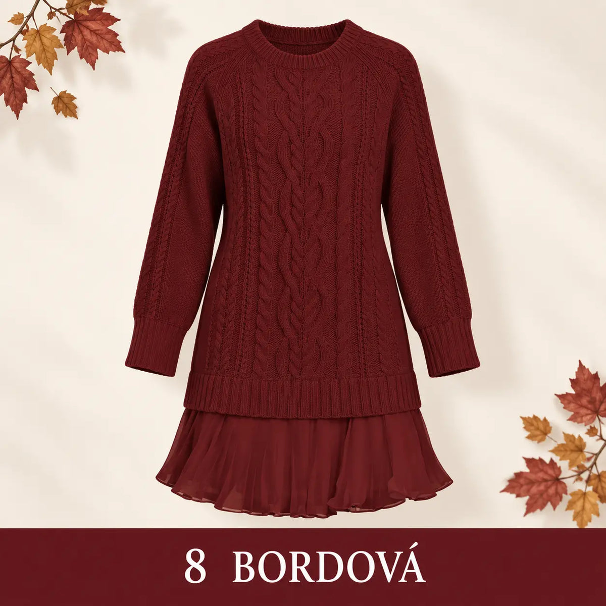 Elegantné pletené šaty s plisovaným lemom — pohodlný štýl na chladnejšie dni, dostupné vo veľkostiach S–3XL.