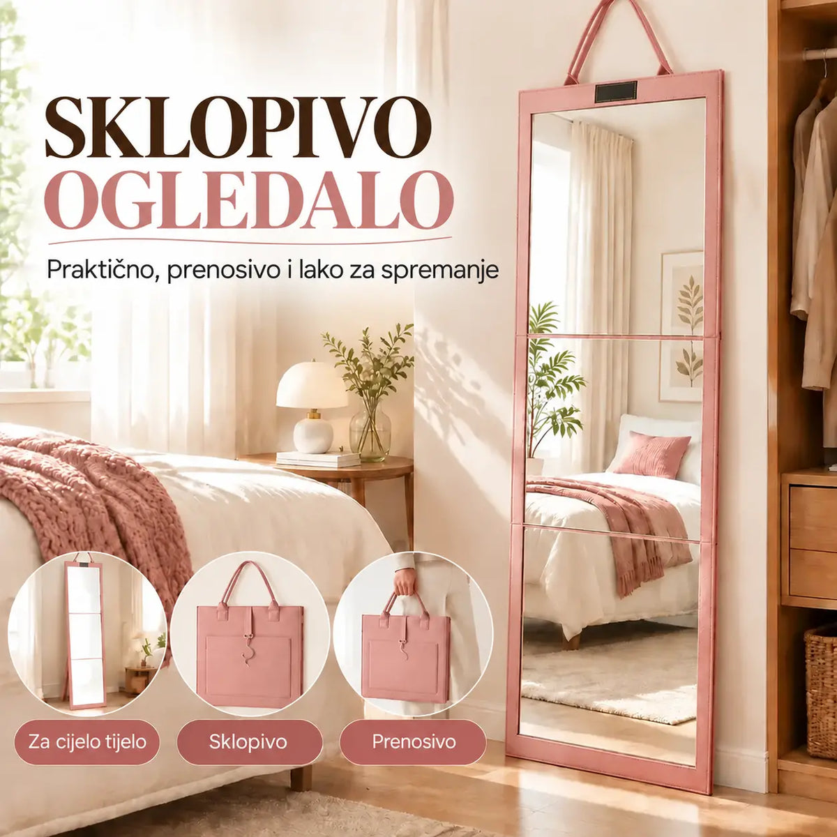 👗👜 Sklopivo, prijenosno putno ogledalo pune visine, opremljeno ručkom za nošenje i zaštitnom futrolom od filca otpornom na udarce – dizajnirano poput mape ✨