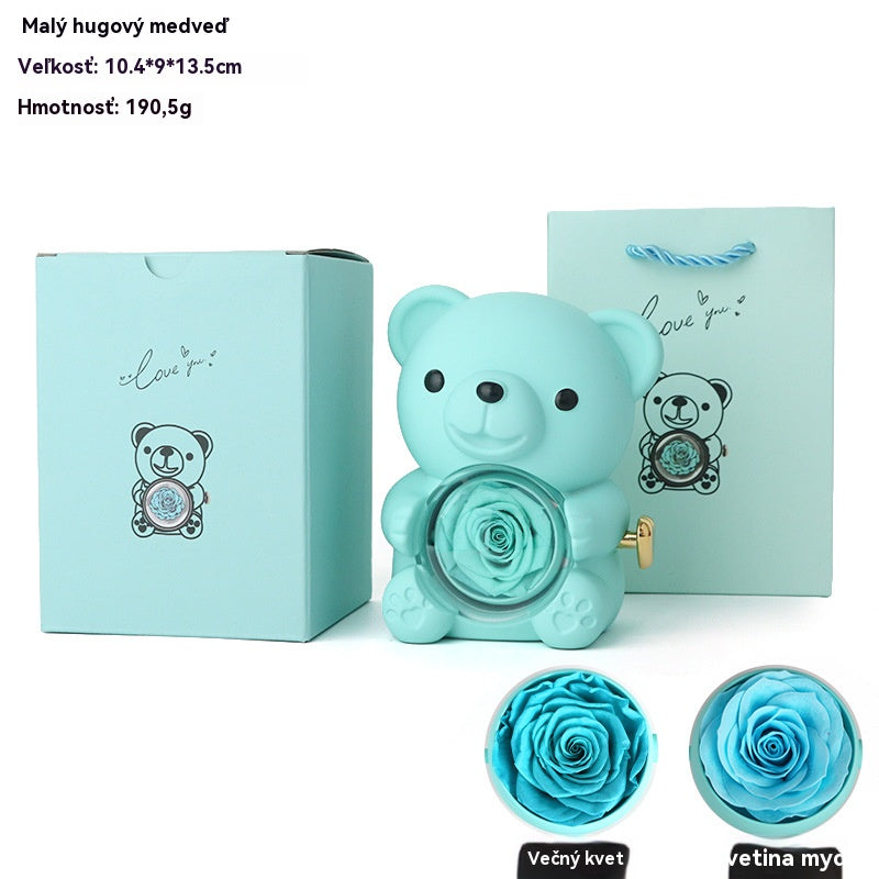 ✨Rozkošný plyšový medvídek s konzervovanými růžemi - Medvídek ozdobený pravými růžemi, zabalený v nádherné dárkové krabičce - romantický dárek.