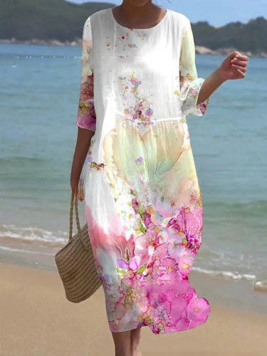💞💖【S-5XL】2025 Lato Nowa Moda Długa Luźna Sukienka——Okrągły Dekolt, Nadruk, Modny i Swobodny Styl! 💖✨