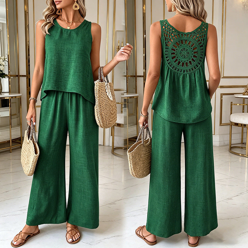 ❤️50% de descuento💥【40-100 kg】Nuevo conjunto de pantalón largo floral con espalda descubierta de color liso para mujer 2026 ✅️Pago contra entrega