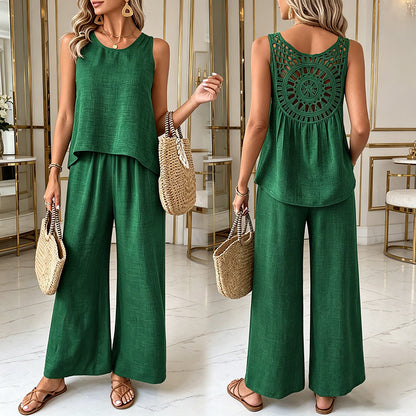 ❤️50% de descuento💥【40-100 kg】Nuevo conjunto de pantalón largo floral con espalda descubierta de color liso para mujer 2026 ✅️Pago contra entrega