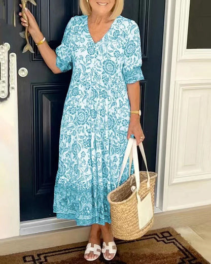 👗✨【S-3XL】Sukienka z dekoltem w serek i niebieskim kwiatowym nadrukiem
