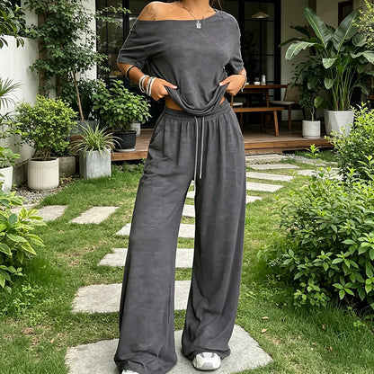 【S-5XL】Conjunto 2026: Camiseta elegante de manga corta con hombros descubiertos + Pantalones holgados con cordón y zapatos anchos 😍 ¡Imprescindible para el verano!