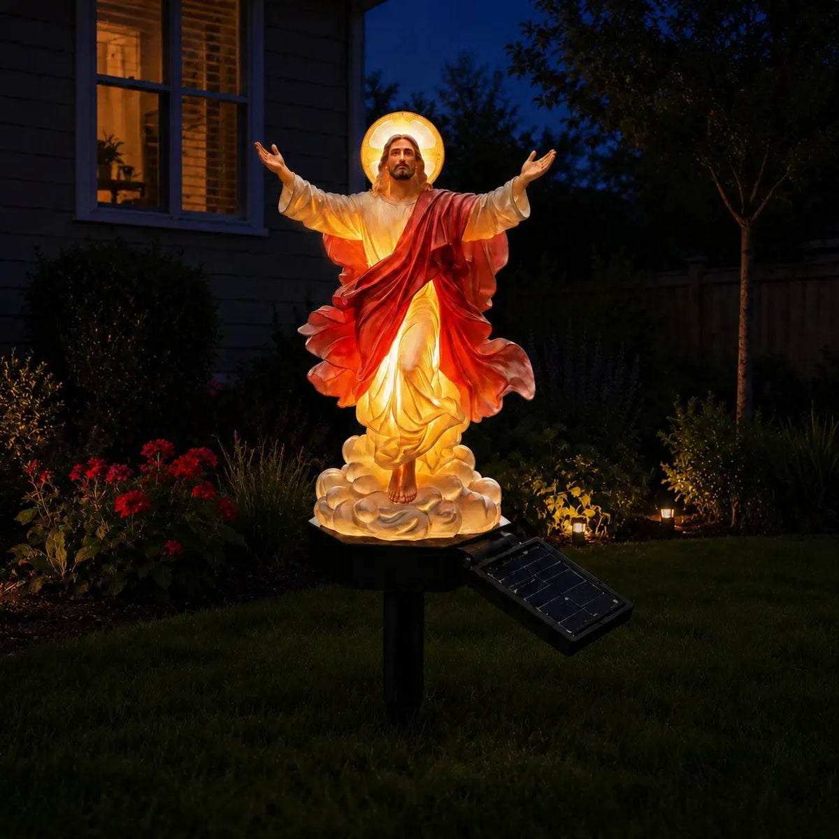 🔥 Estatua de jardín de Jesús iluminada con energía solar