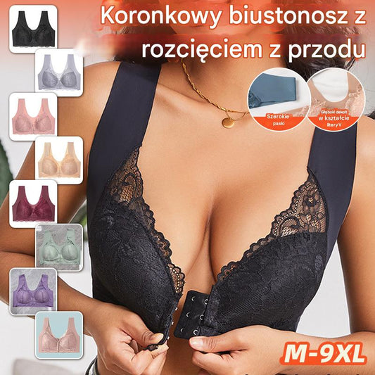 🔥💕【40-100 kg】✨👙 Biustonosz z zapięciem push-up z przodu i wykwintną koronkową ozdobą z tyłu
