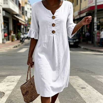 【S-3XL】Vestido de mujer de algodón y lino con mangas abullonadas y botones-E