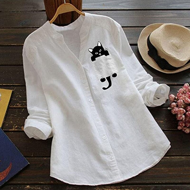 ✨🌿【Wiosenna nowość🔥】【S-3XL】2025 Wiosna Nowa moda Koci nadruk Długi rękaw Bawełniana koszula z dekoltem w serek