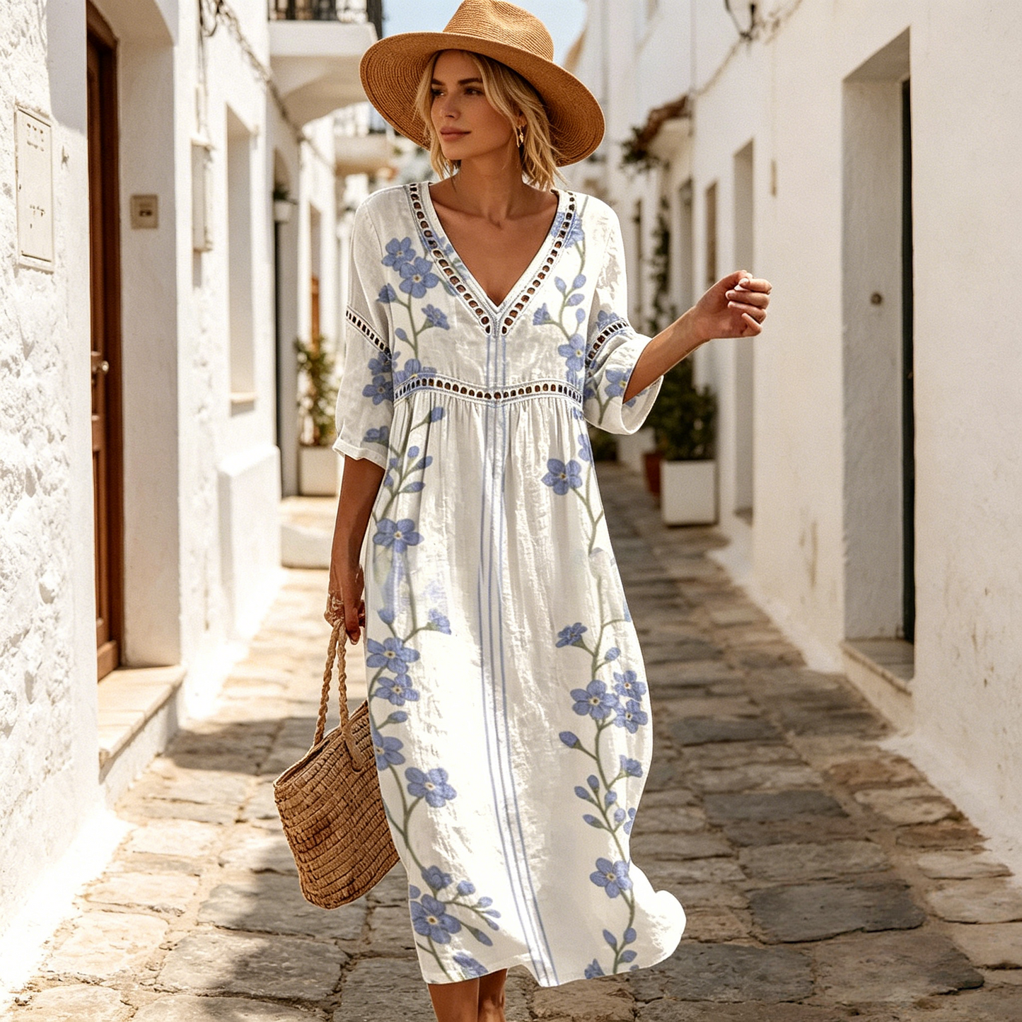 👗【S-3XL】Ljetna pamučeno-lnena cvjetna haljina duge duljine s V izrezom