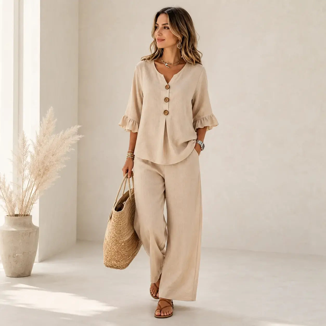 ✨【Zniżka ograniczona czasowo】【S–3XL】✨Elegancki zestaw z dekoltem w serek wykonany z bawełny i lnu, dopasowany krój, wygodny, przewiewny i stylowy na każdą okazję