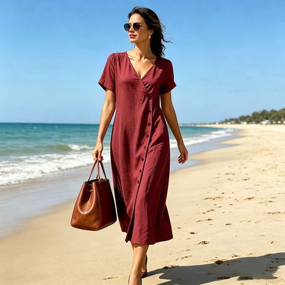 【S-3XL】Nuevo vestido de verano 2026 con escote en V, botones y diseño de color liso