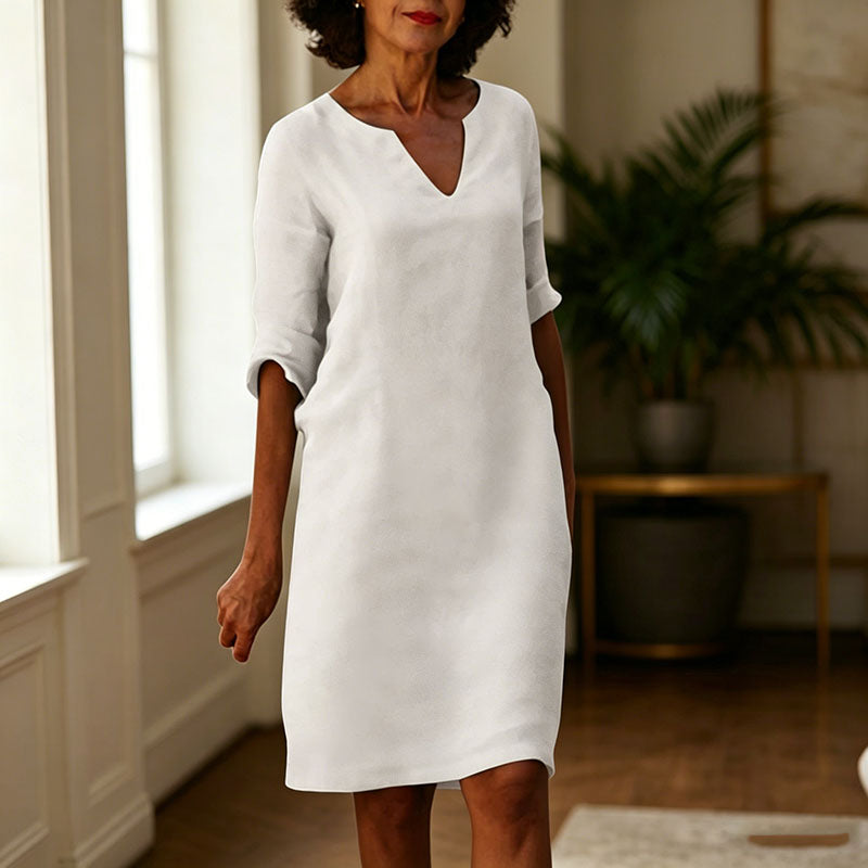 👗【S-3XL】Vestido vintage de lino y algodón con cuello en V, cintura alta, empalmes y mangas 3/4 lisas; tejido transpirable, lavable y resistente a las arrugas.