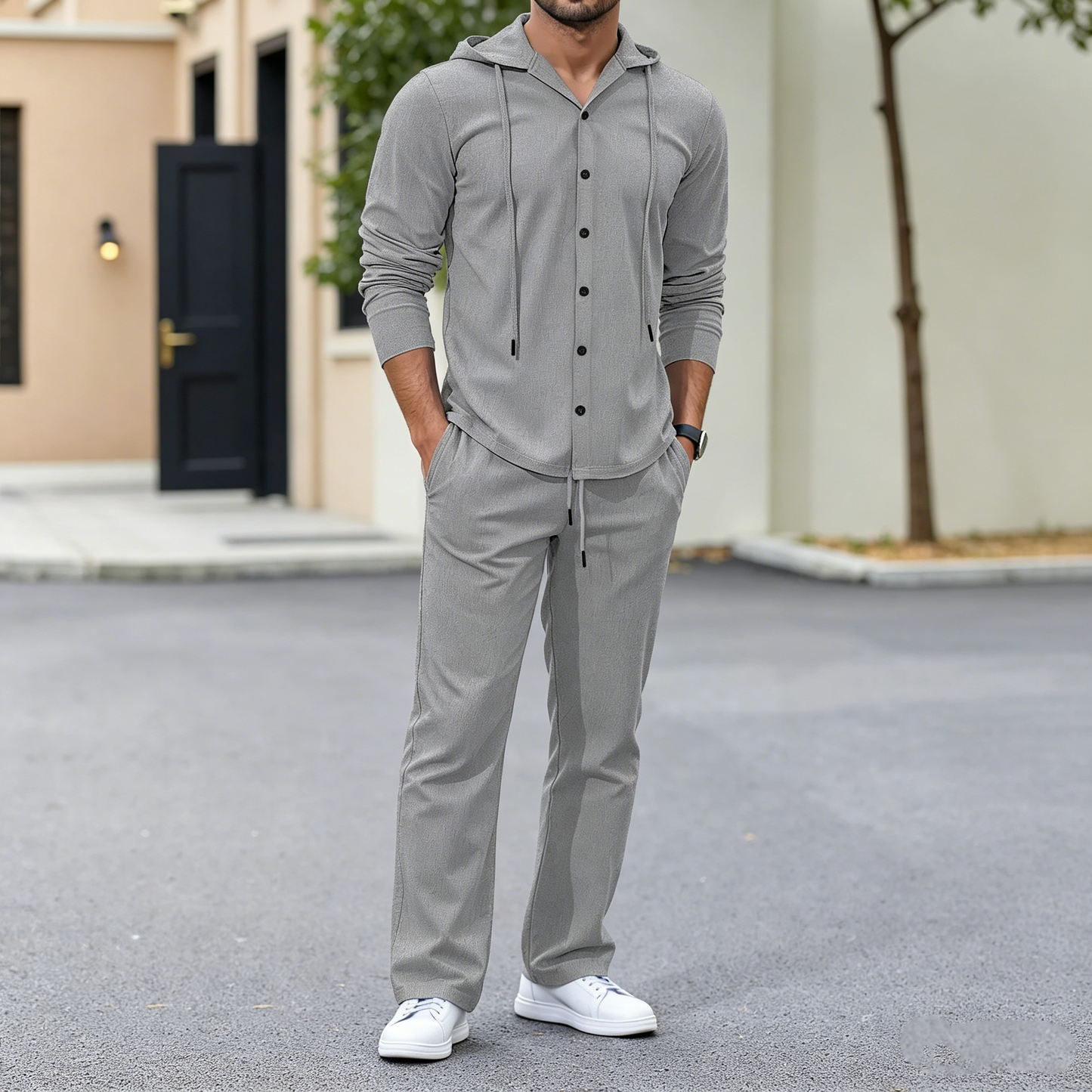 🔥【50% descuento】👕👕【S-3XL】Nuevo conjunto hombre 2026 de lino holgado con capucha manga larga (camisa con botones + pantalón)