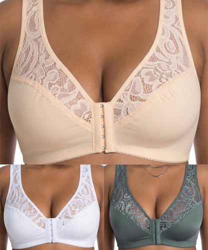 🔥👙【Conjunto de 3 piezas】【L-4XL】Sujetador push-up de encaje de tallas grandes, cierre frontal para poner y quitar fácilmente.