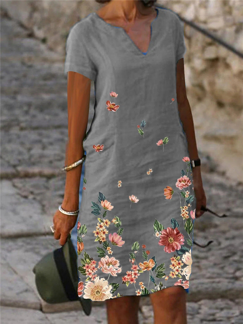 🌺【S-3XL】 Letnia bawełniana i lniana prosta sukienka z dekoltem w serek, krótkimi rękawami z nadrukiem motyli i kwiatów