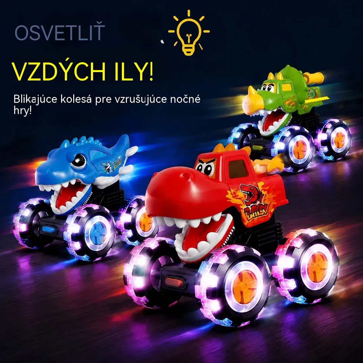 🦖🚗 Auto s dinosaurom na štartovanie stlačením: jemným stlačením sa rozbehne, sprevádzané blikajúcimi svetlami a zábavným revom ✨🎮