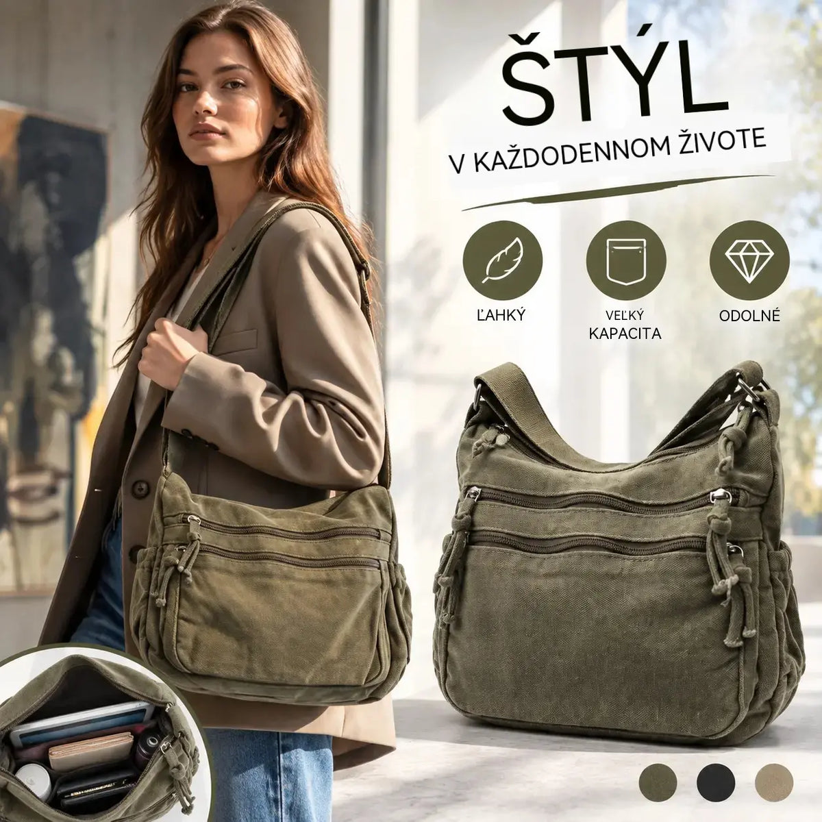 👜✨Veľkokapacitná taška cez rameno z ošúchaného plátna: dizajn s viacerými priehradkami na zips a širokým nastaviteľným ramenným popruhom.