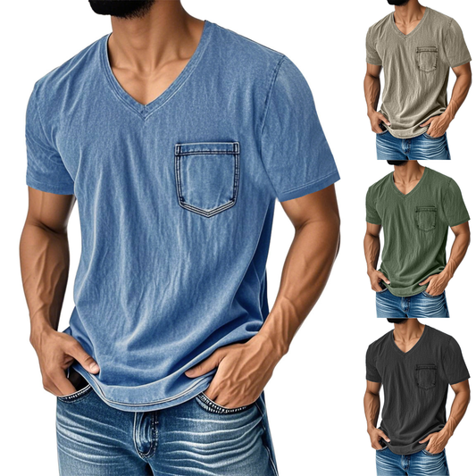 👔 50% de descuento🔥【40-120 kg】Camiseta vaquera informal y holgada con cuello en V y mangas cortas para hombre ✅️Pago contra entrega