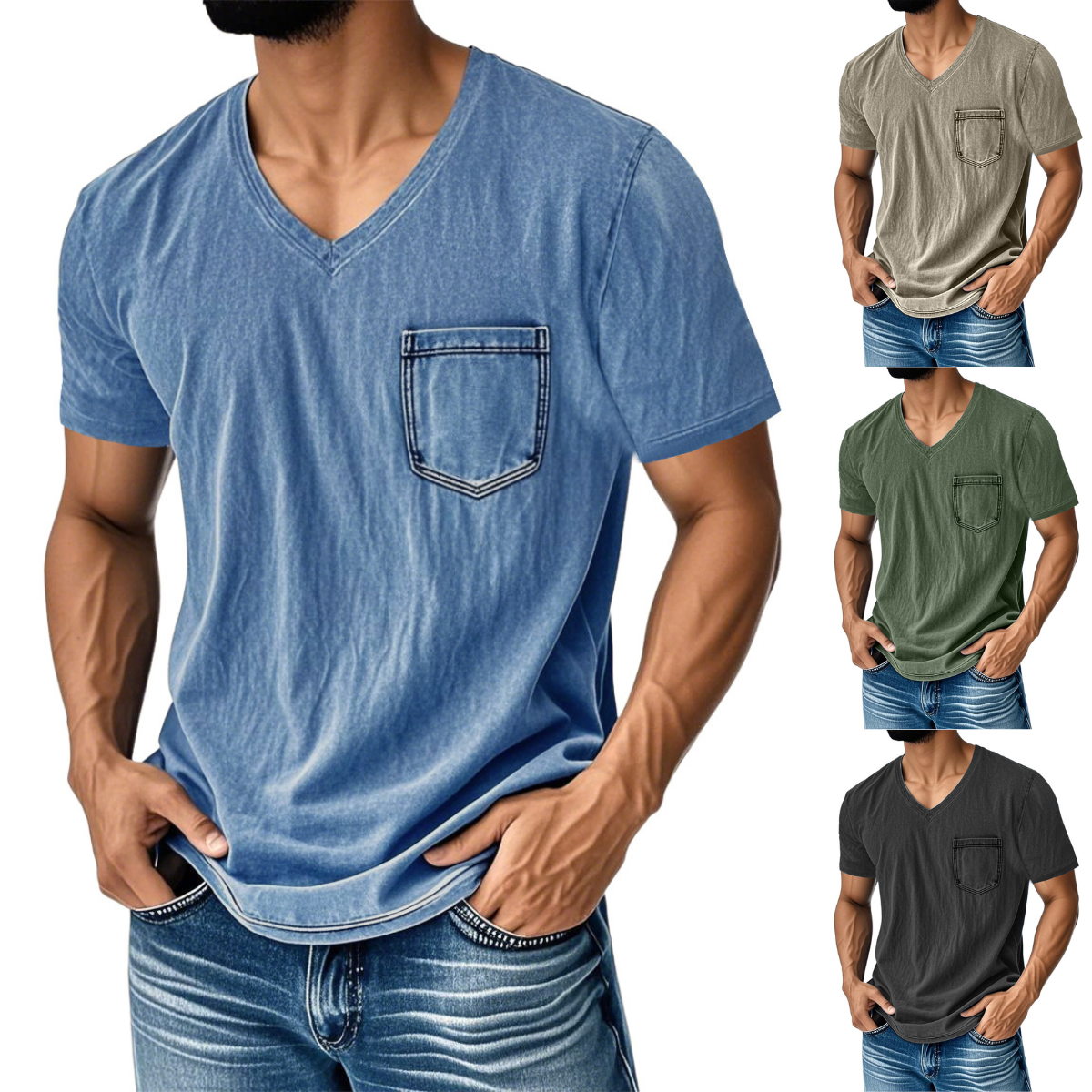 👔 50% de descuento🔥【40-120 kg】Camiseta vaquera informal y holgada con cuello en V y mangas cortas para hombre ✅️Pago contra entrega