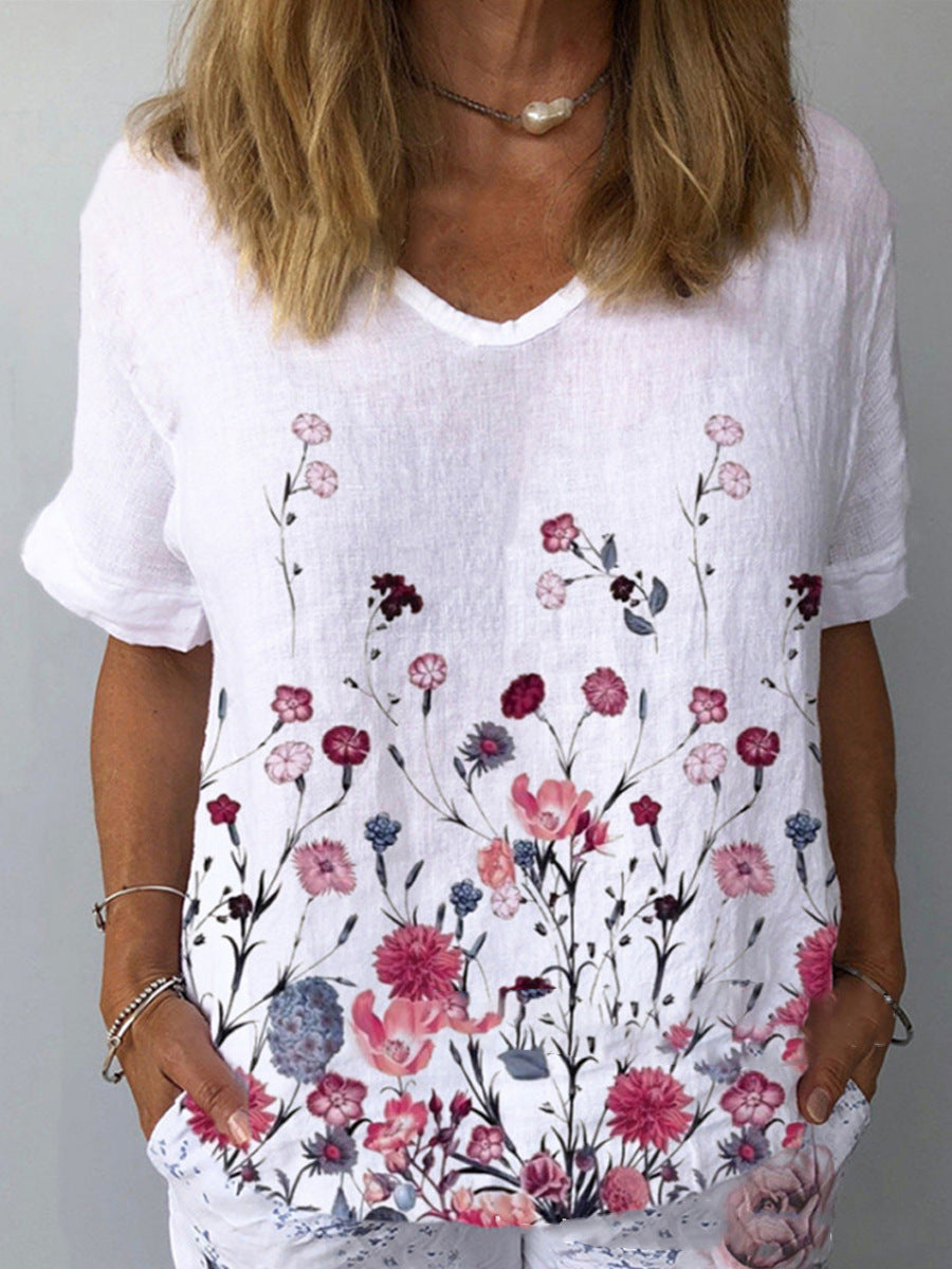 💐【Kup 1 dostań 1 za darmo】👕【S-5XL】🌈T-shirt z krótkim rękawem i bawełnianą lnianą nadrukiem w kwiaty