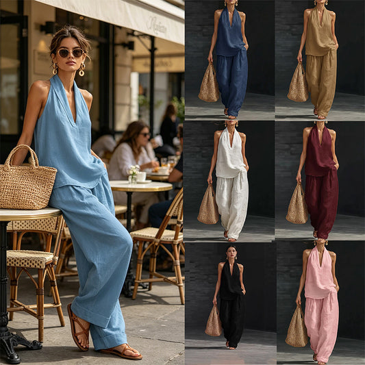 【S-5XL】💥Conjunto casual para mujer, top con cuello en V + pantalón de pierna ancha