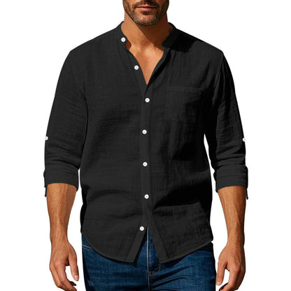 👔50% de descuento🔥【40-100kg】Camisa informal de lino para hombre, manga larga, cuello alto, tejido transpirable. ✅Pago contra entrega
