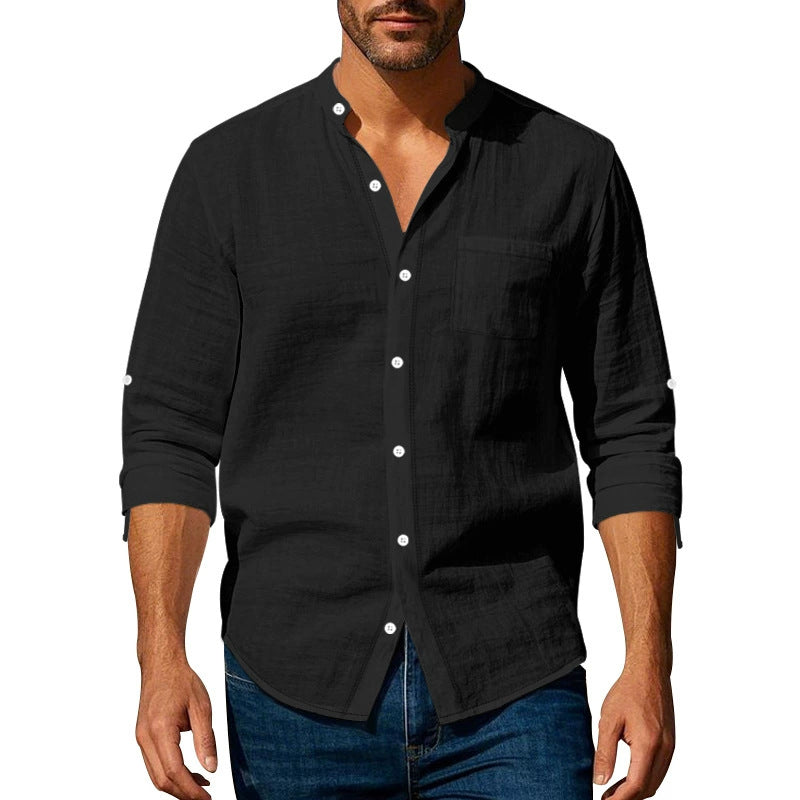 👔50% de descuento🔥【40-100kg】Camisa informal de lino para hombre, manga larga, cuello alto, tejido transpirable. ✅Pago contra entrega