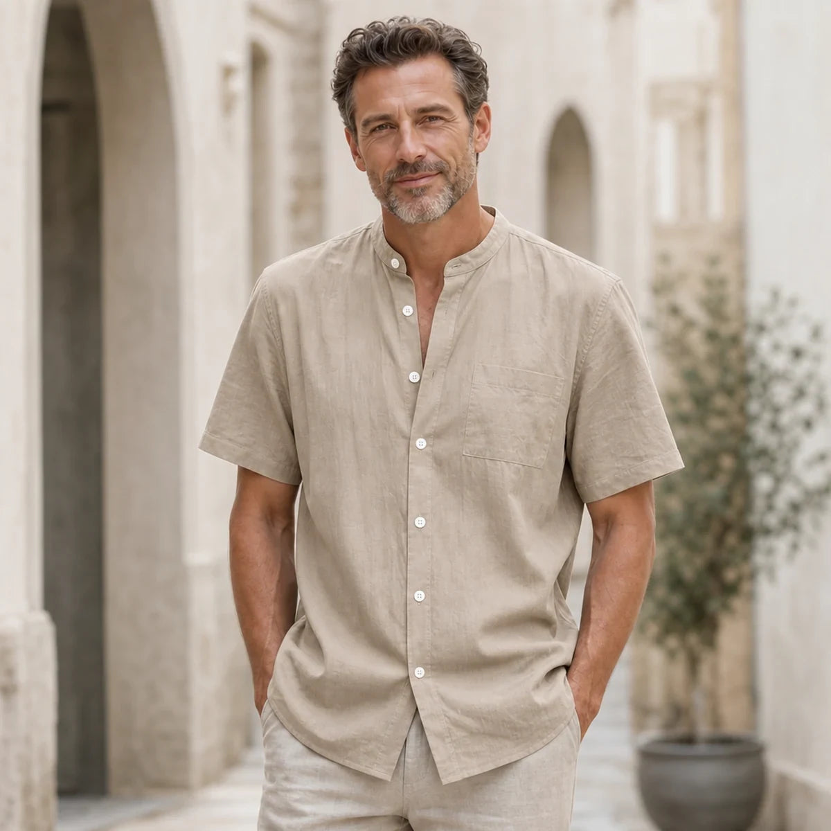 🔥👔【S–3XL】Camisa de manga corta de algodón y lino transpirable con cuello Henley para hombre: cómoda, ligera y de corte holgado.