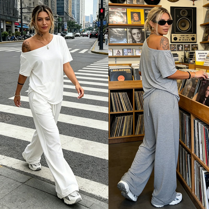 【S-5XL】Conjunto 2026: Camiseta elegante de manga corta con hombros descubiertos + Pantalones holgados con cordón y zapatos anchos 😍 ¡Imprescindible para el verano!