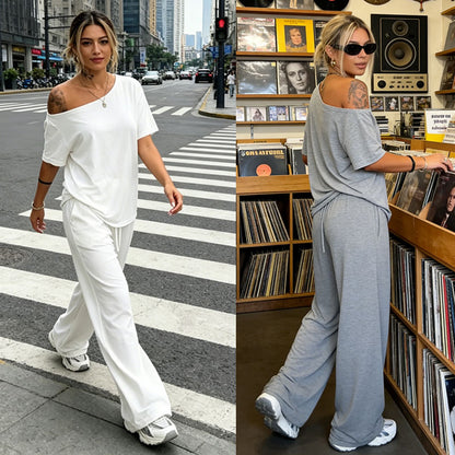 【S-5XL】Conjunto 2026: Camiseta elegante de manga corta con hombros descubiertos + Pantalones holgados con cordón y zapatos anchos 😍 ¡Imprescindible para el verano!