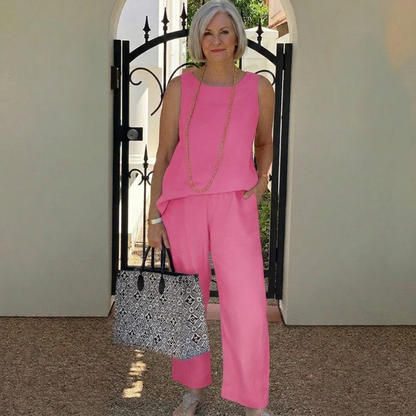 ✨😍【40-120kg】Conjunto de verano de algodón y lino, top sin mangas y pantalón de pierna ancha para mujer.✅️Pago contra entrega
