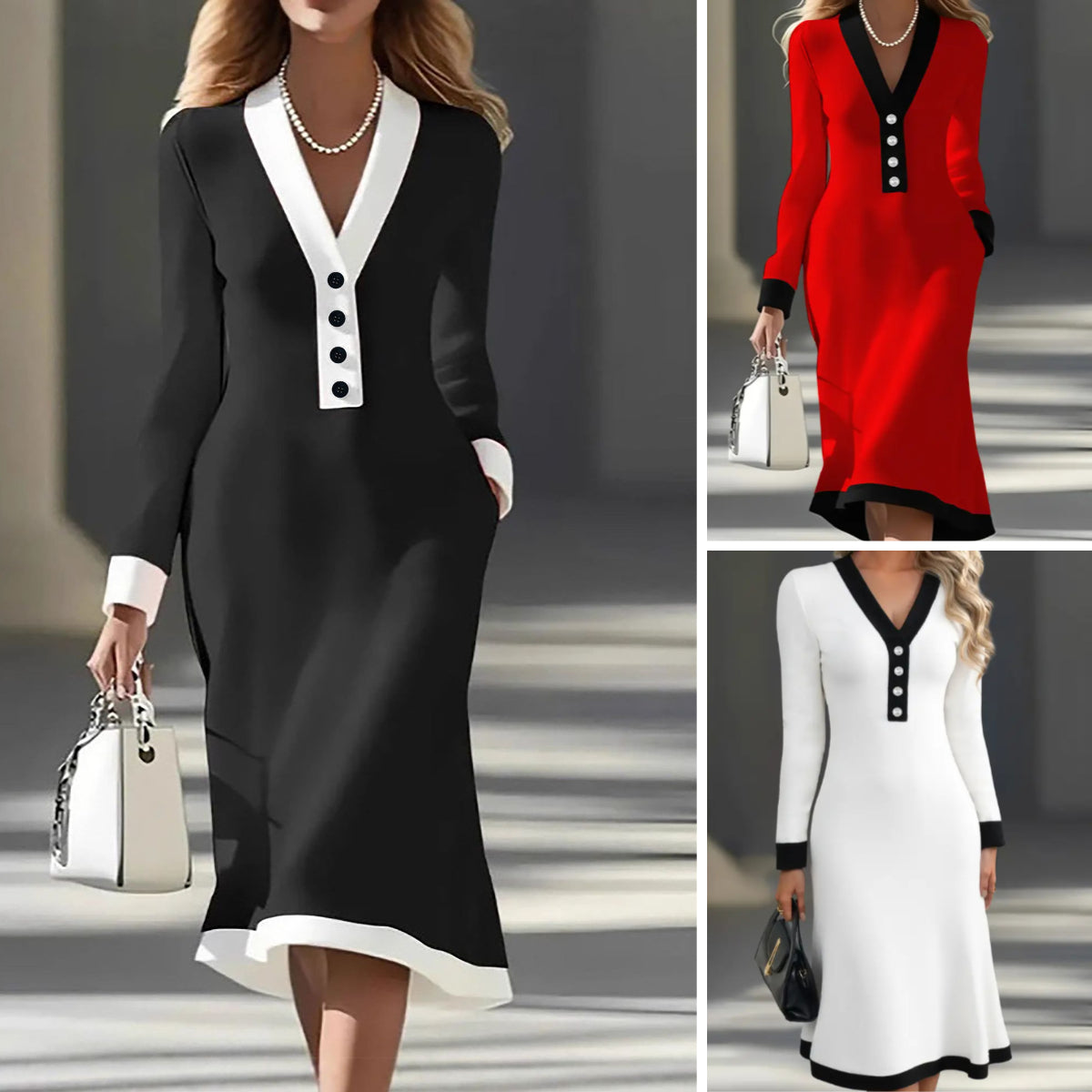 🌞🌷【50% zniżki🔥】【S-3XL】 Jesienno-zimowa sukienka damska, wzór z dekoltem w serek w blokach kolorów, stylowa i elegancka