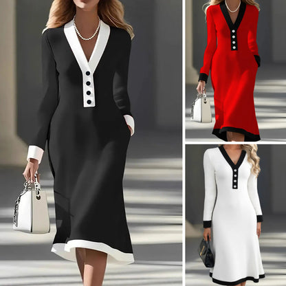 🌞🌷【50% zniżki🔥】【S-3XL】 Jesienno-zimowa sukienka damska, wzór z dekoltem w serek w blokach kolorów, stylowa i elegancka