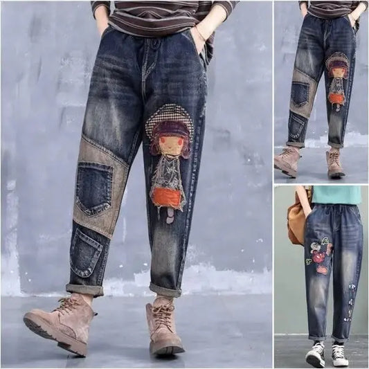 👖【🔥Más vendidos】(40-120kg) Jeans casuales retro bordados para mujer, tallas grandes ✅️Pago contra entrega