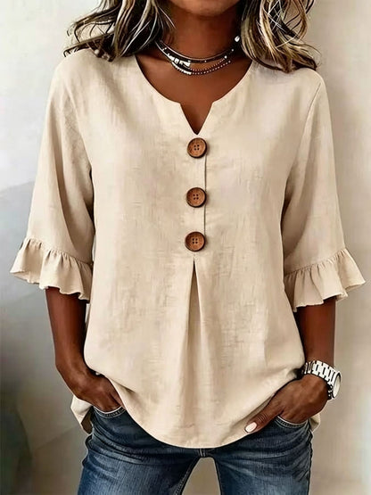 🔥【S-3XL】 Nueva camisa de mujer con cuello en V y volantes, mezcla de algodón y lino, cierre de botones: simple y elegante.