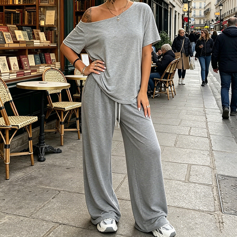 【S-5XL】Conjunto 2026: Camiseta elegante de manga corta con hombros descubiertos + Pantalones holgados con cordón y zapatos anchos 😍 ¡Imprescindible para el verano!