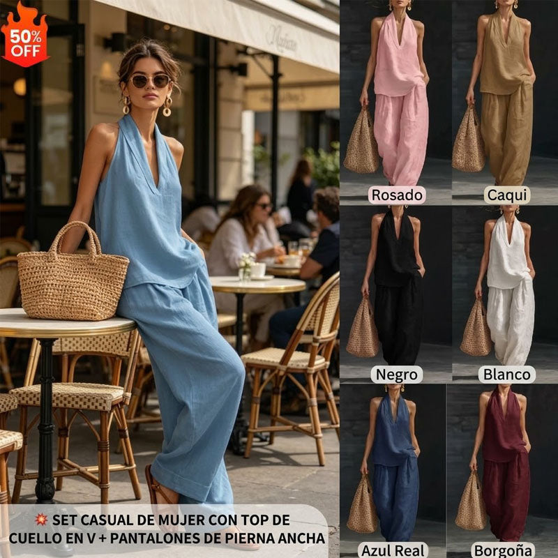 💥【50% de descuento】【S-5XL】💥Conjunto casual para mujer, top con cuello en V + pantalón de pierna ancha