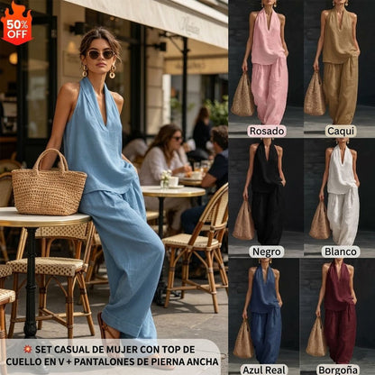 💥【50% de descuento】【S-5XL】💥Conjunto casual para mujer, top con cuello en V + pantalón de pierna ancha